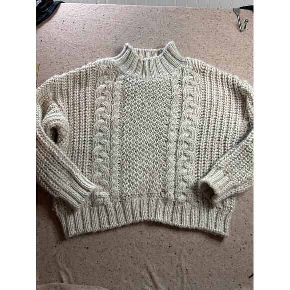 Mock Neck Cable Knit Fisherman Sweater Cream Large Coastal Grandmother Scandi - Picture 1 of 7